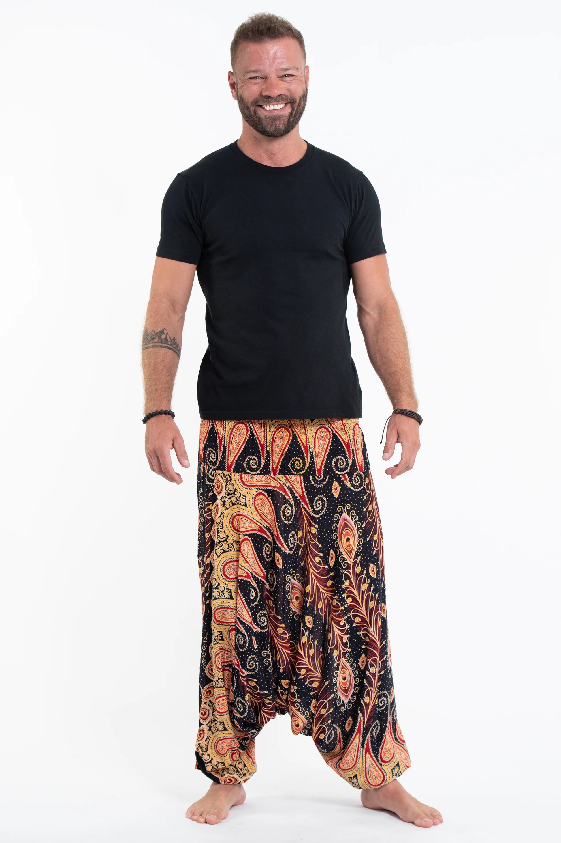 Peacock Paisley Drop Crotch Harem Pants in Black
