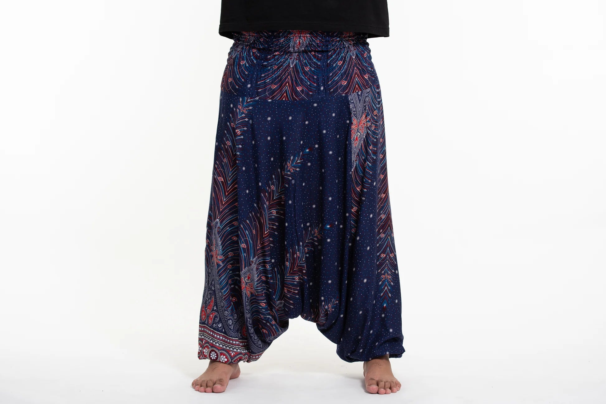Plus Size Peacock Feathers Drop Crotch Harem Pants in Blue