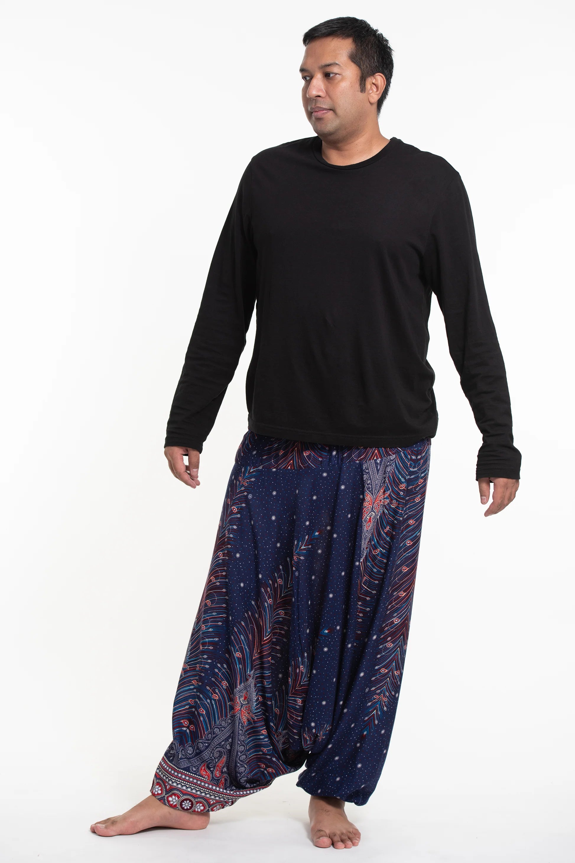 Plus Size Peacock Feathers Drop Crotch Harem Pants in Blue