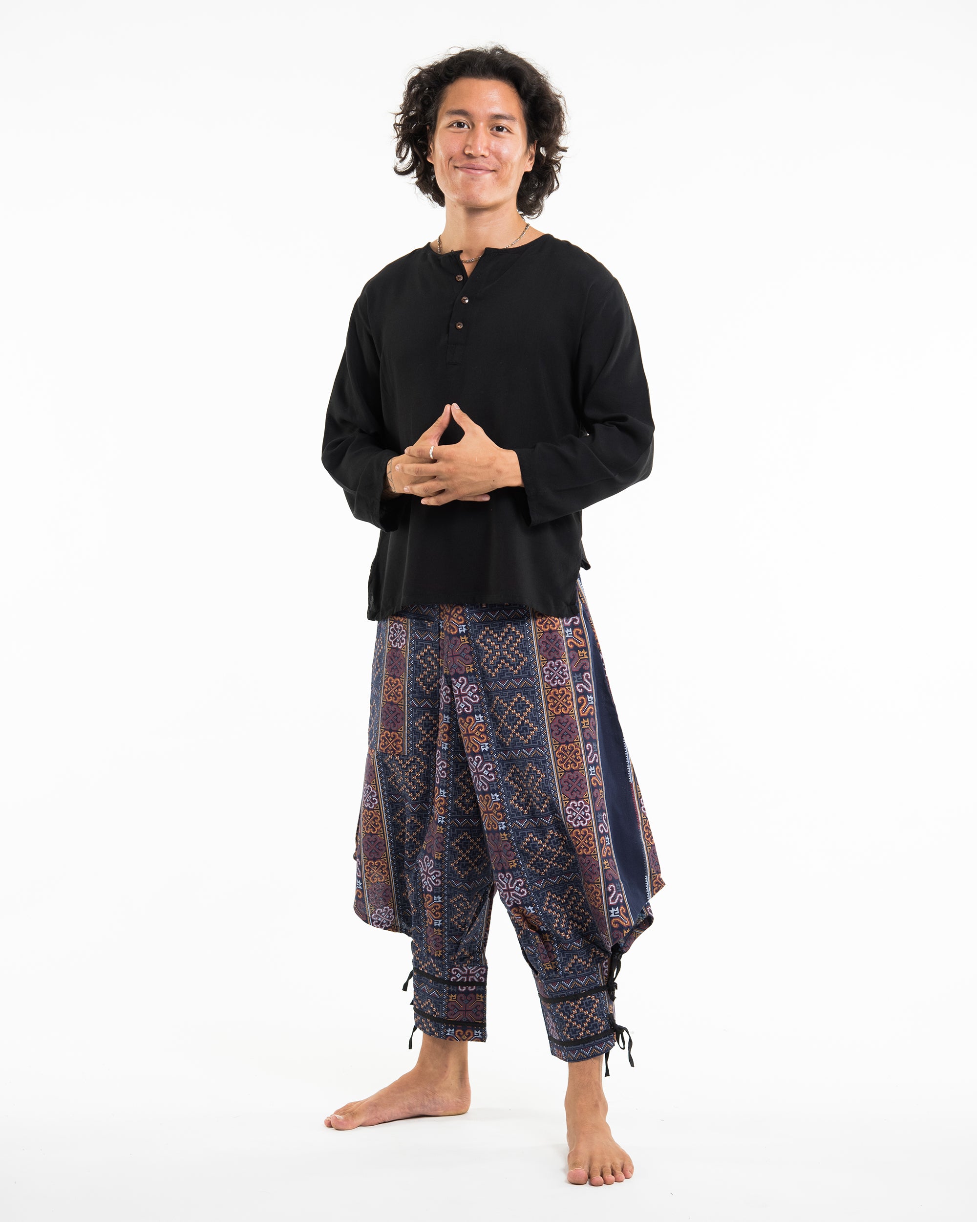 Clovers Thai Hill Tribe Fabric Unisex Harem Pants with Ankle Straps in Blue