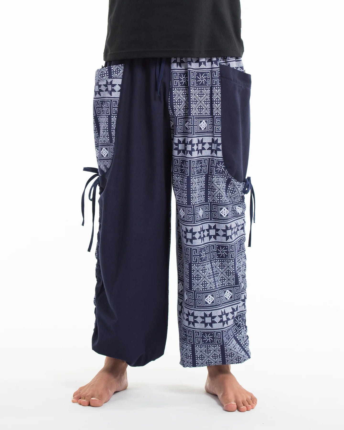 Unisex Two Tone Traditional Prints Cotton Pants in Navy