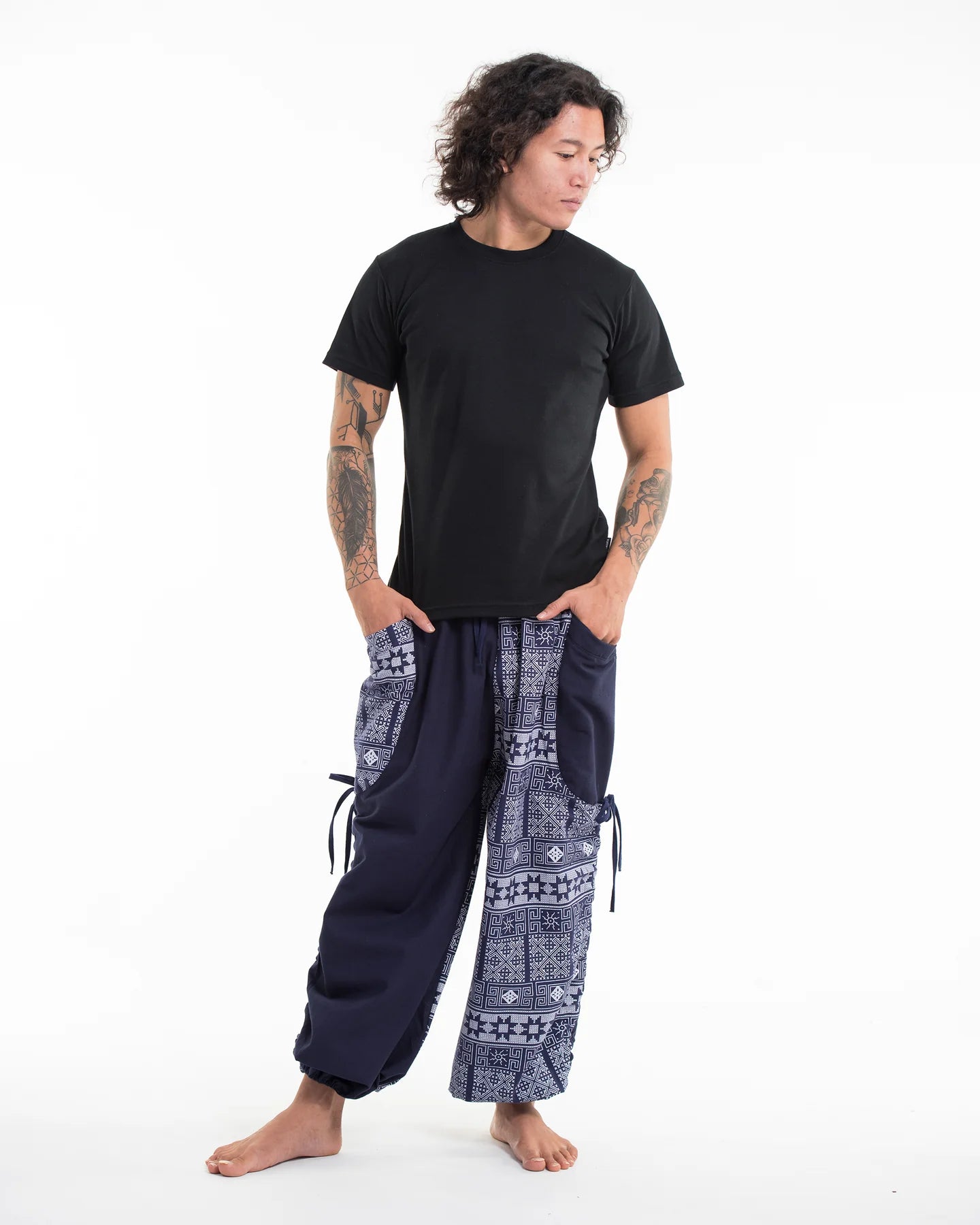 Unisex Two Tone Traditional Prints Cotton Pants in Navy