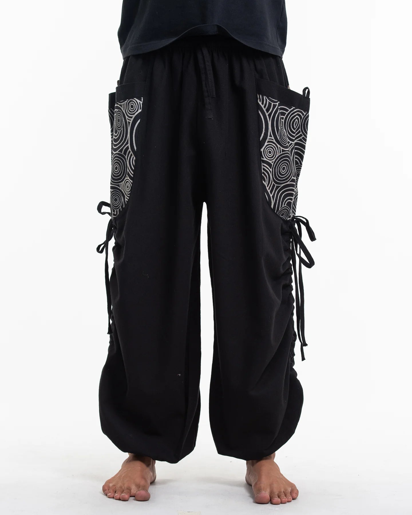 Unisex Cotton Pants with Swirls Prints Pocket in Black