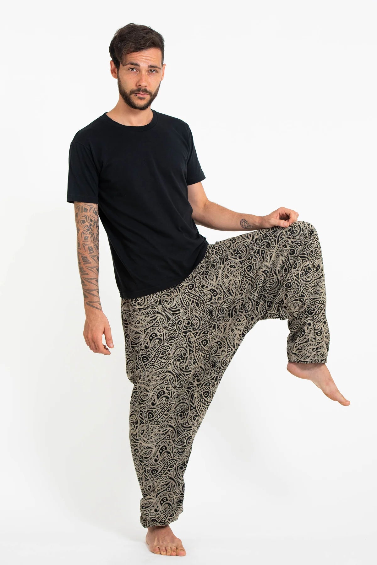 Unisex Hill Tribe Paisley Print Harem Pants in Black