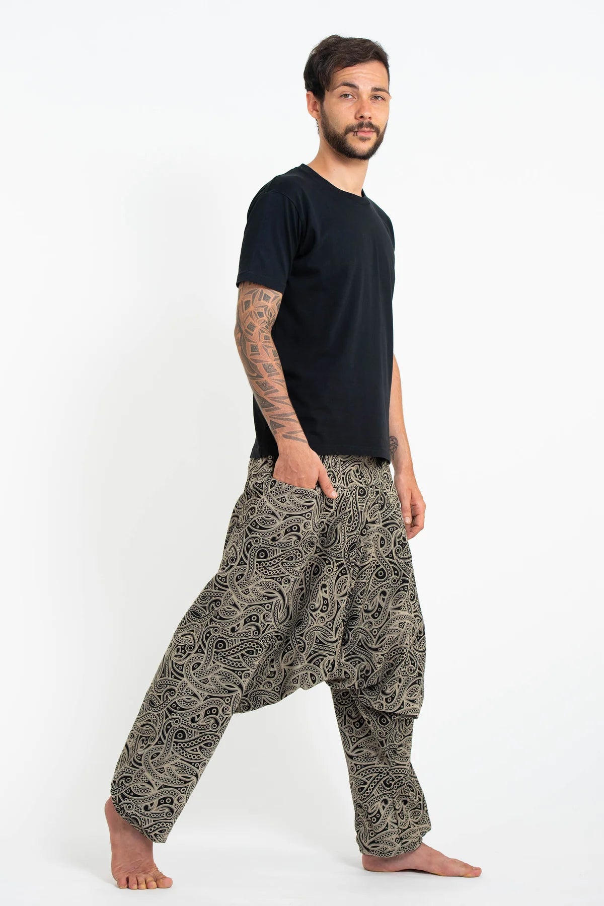 Unisex Hill Tribe Paisley Print Harem Pants in Black