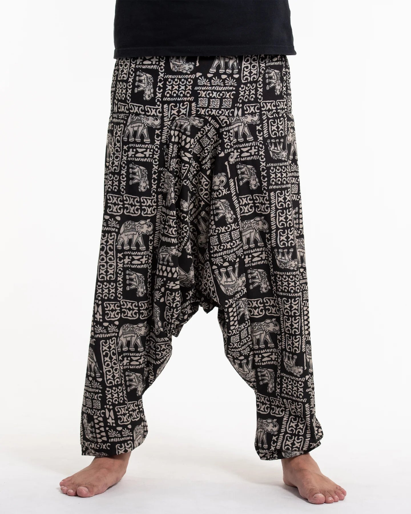 Unisex Hill Tribe Elephant Print Harem Pants in Black