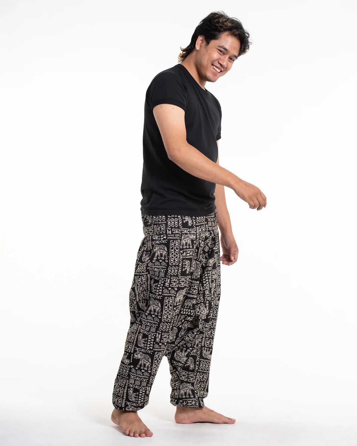 Unisex Hill Tribe Elephant Print Harem Pants in Black