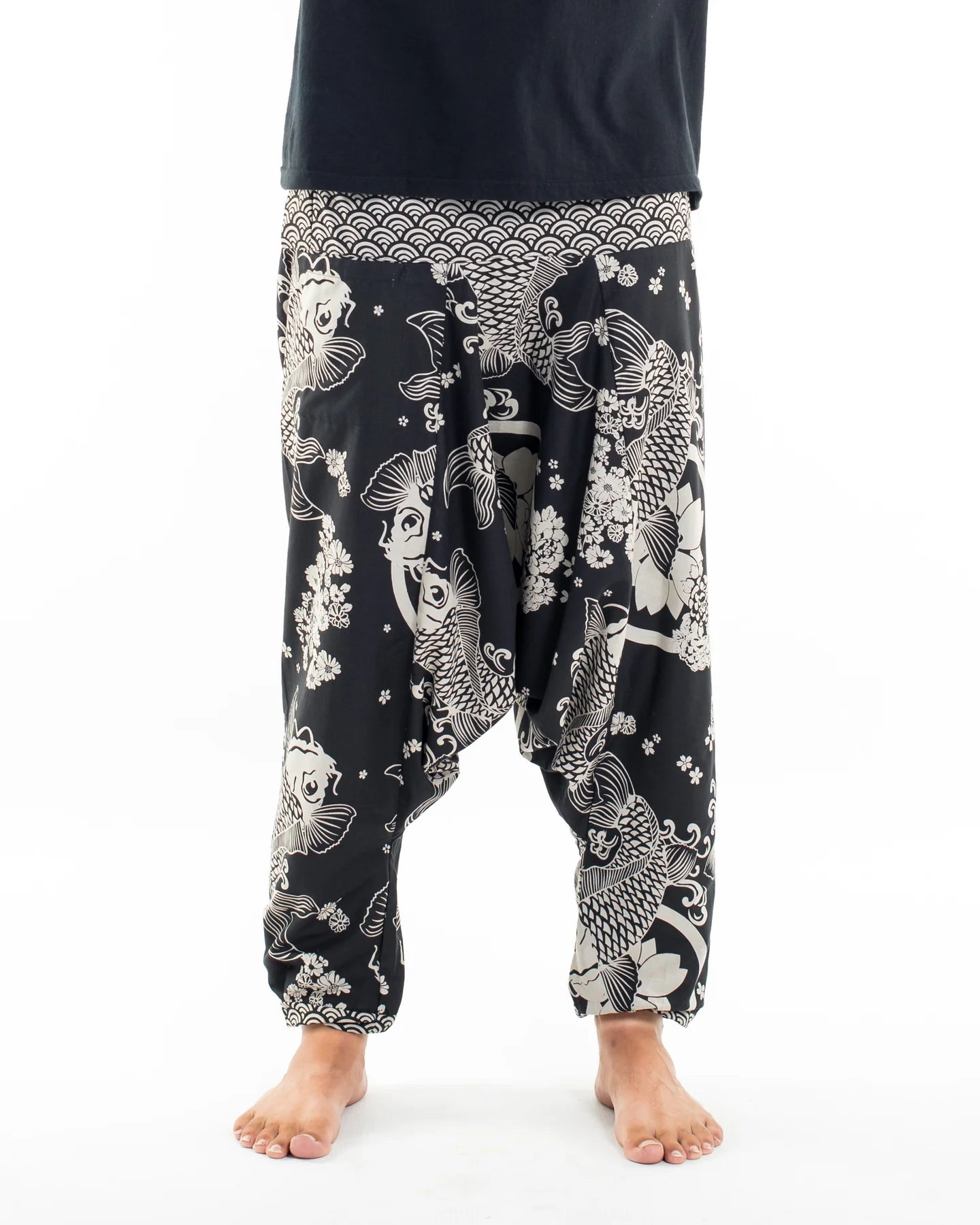 Unisex Hill Tribe Koi Fish Print Harem Pants in Black