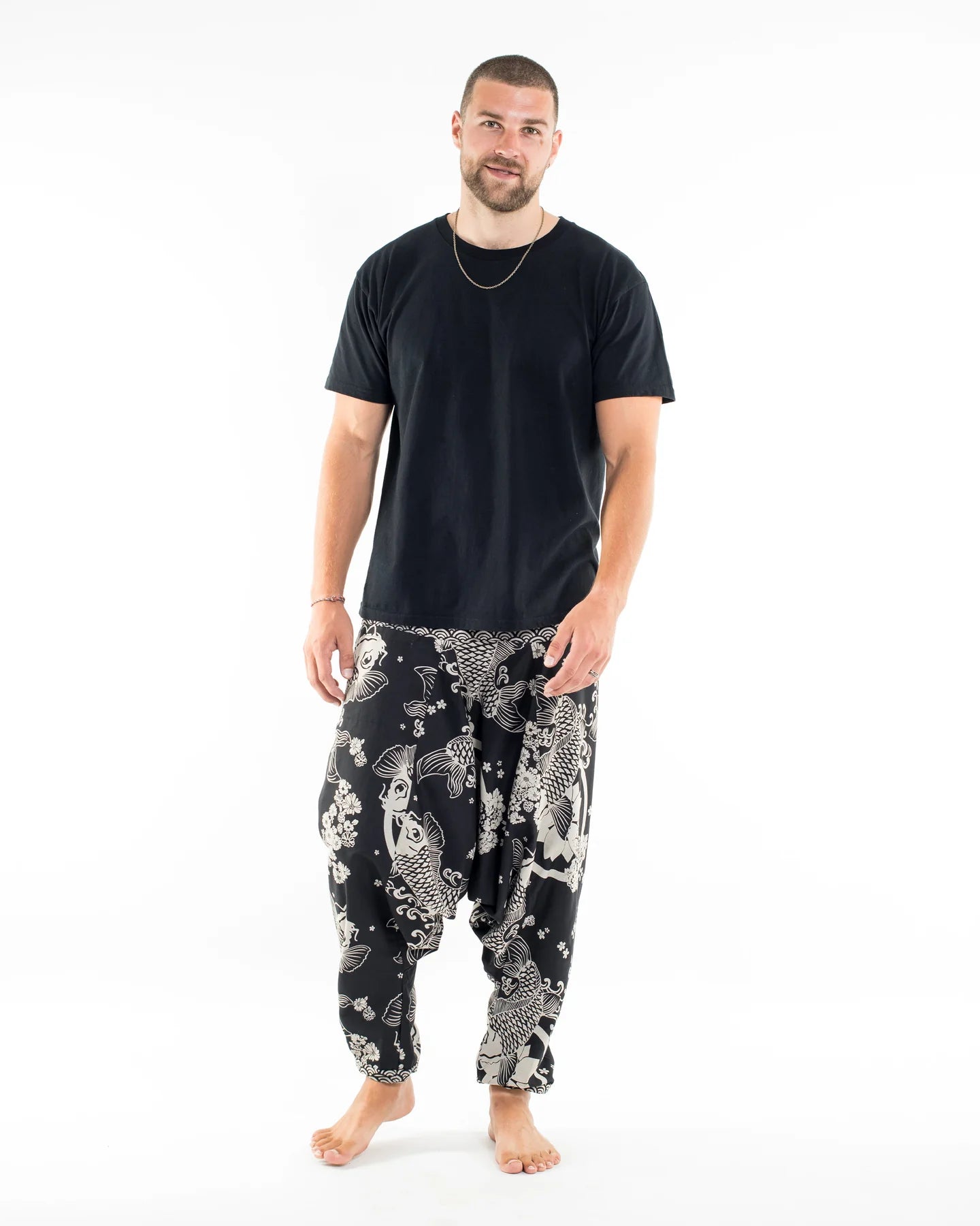 Unisex Hill Tribe Koi Fish Print Harem Pants in Black