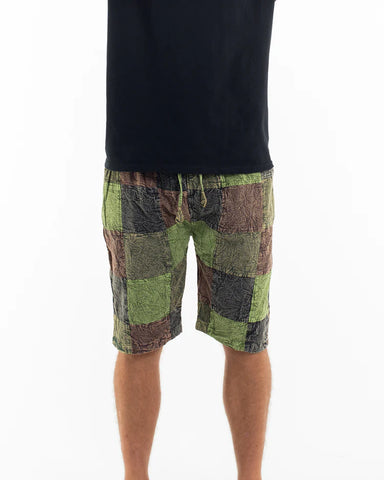 Unisex Patchwork Stone Washed Cargo Cotton Shorts in Green 01