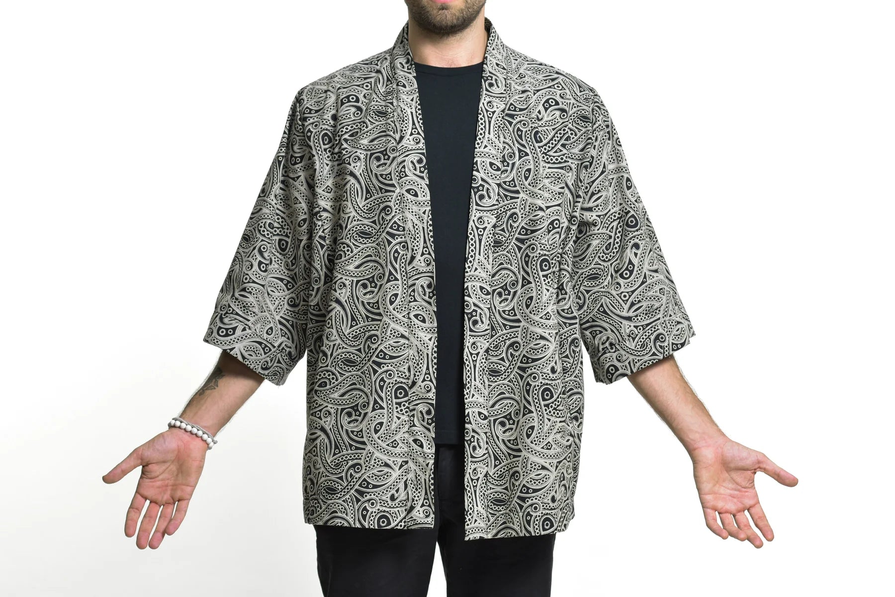 Unisex Paisley Print Cotton Kimono Cardigan in Black