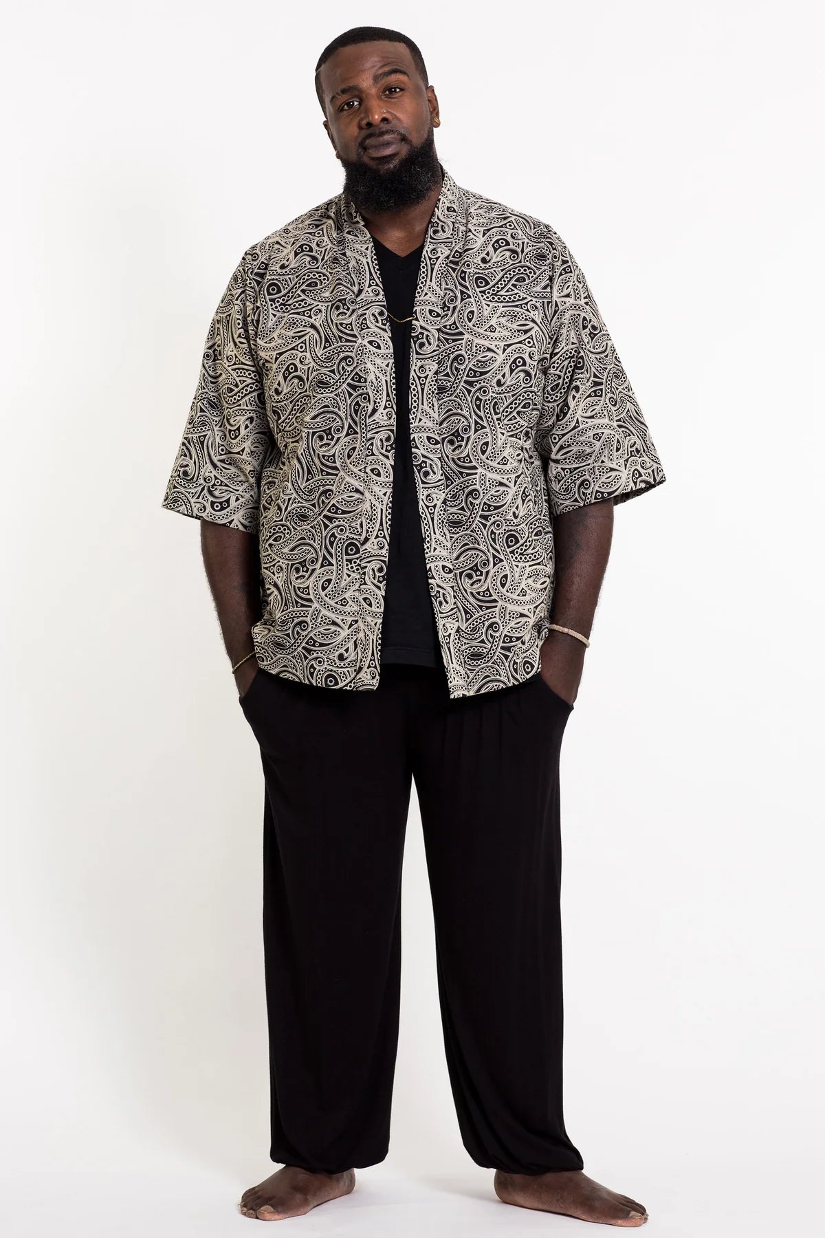 Unisex Paisley Print Cotton Kimono Cardigan in Black