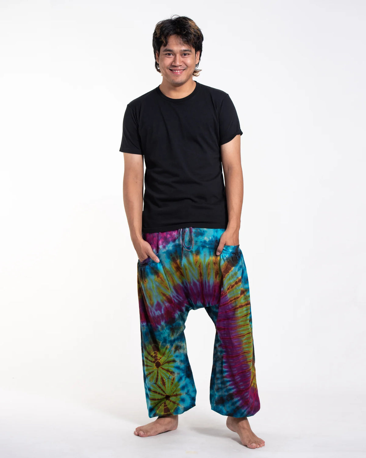 Unisex Tie Dye Cotton Harem Pants in Blue Yellow