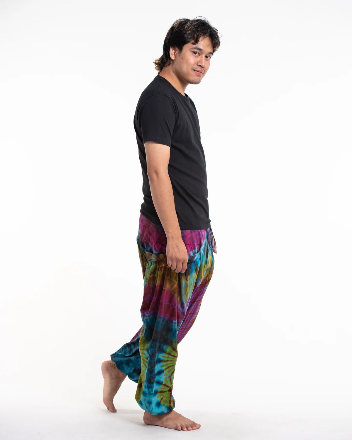 Unisex Tie Dye Cotton Harem Pants in Blue Yellow