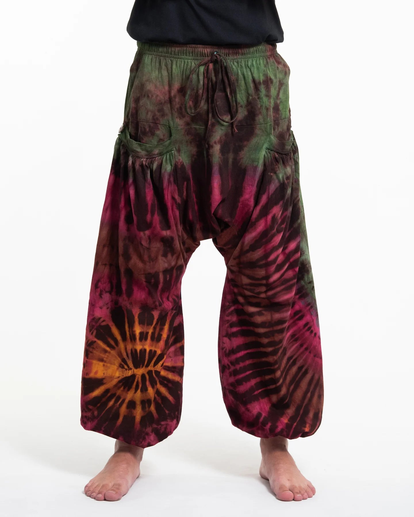 Unisex Tie Dye Cotton Harem Pants in Green Magenta