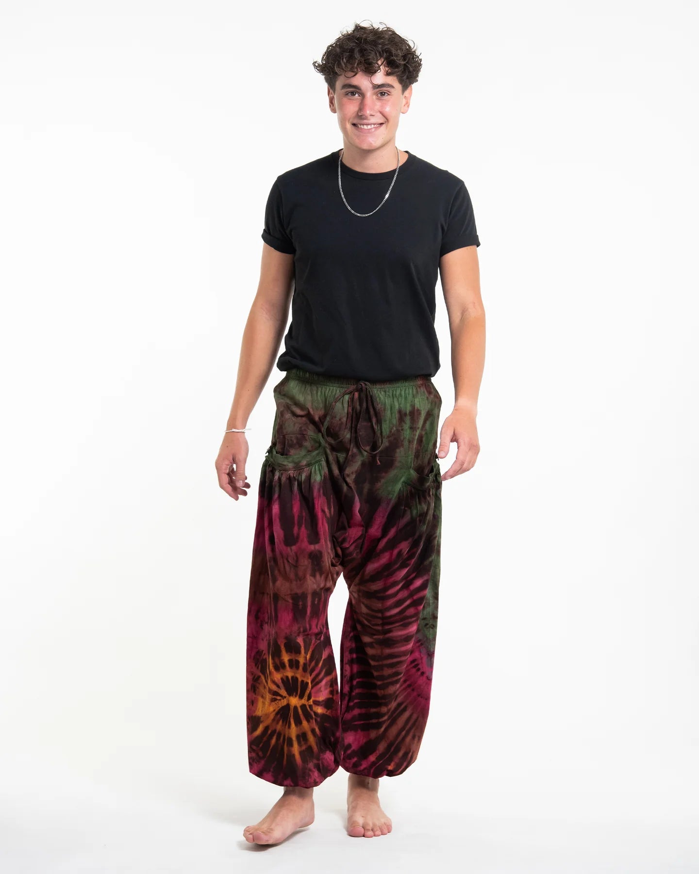 Unisex Tie Dye Cotton Harem Pants in Green Magenta