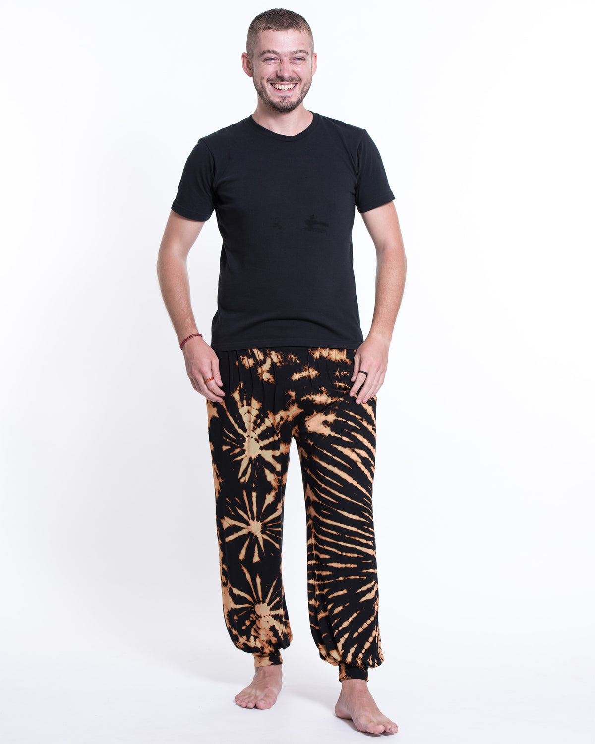 Tie Dye Spandex Cotton Harem Pants in Black Orange