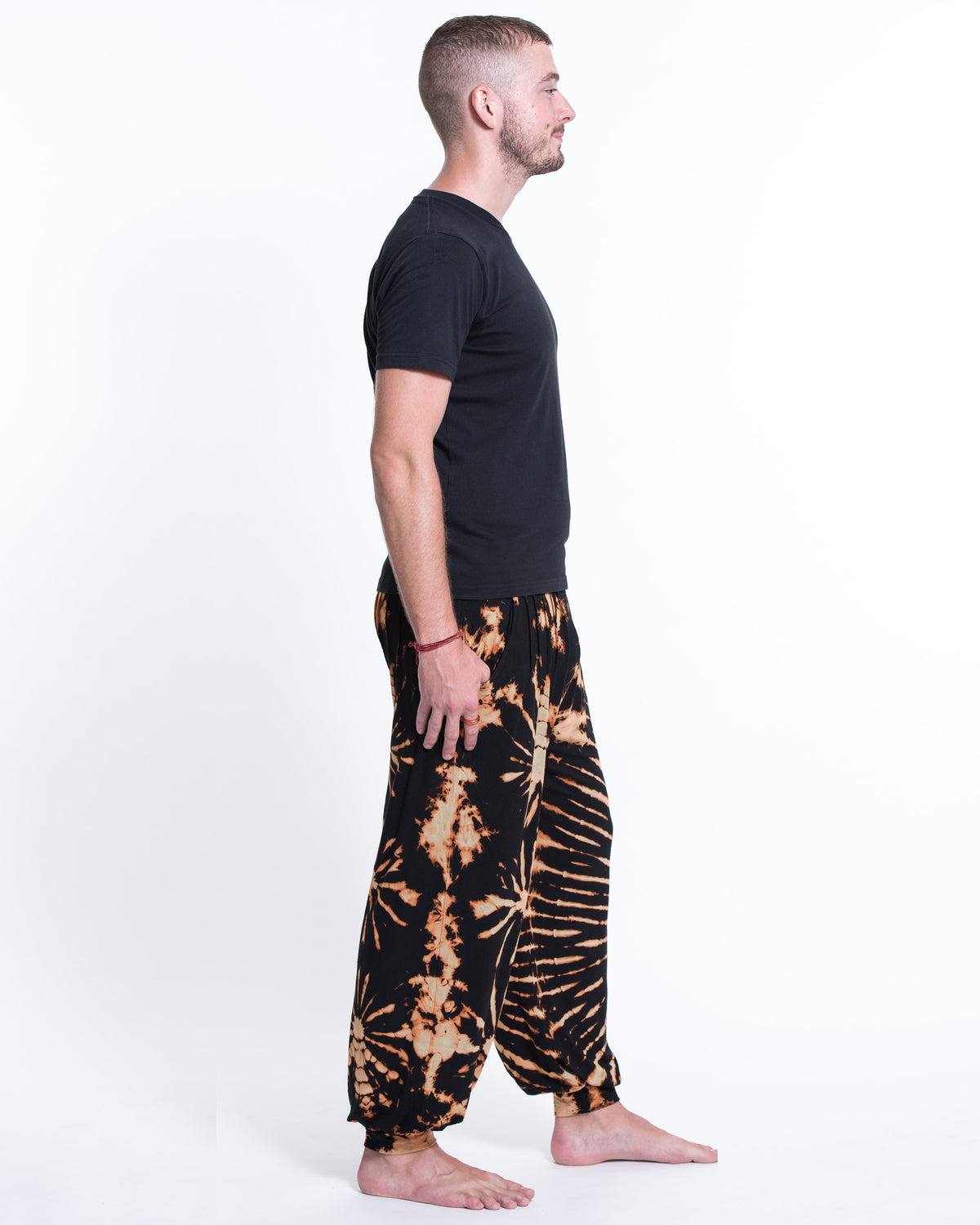 Tie Dye Spandex Cotton Harem Pants in Black Orange