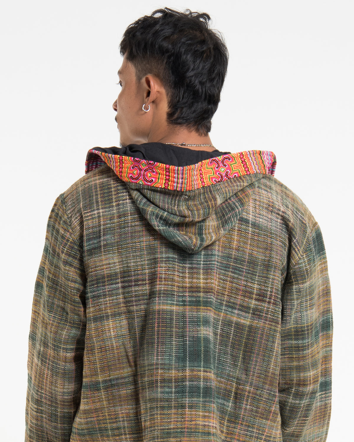 Light Hooded Button Hand-Woven Cotton Embroidered Jacket in Green