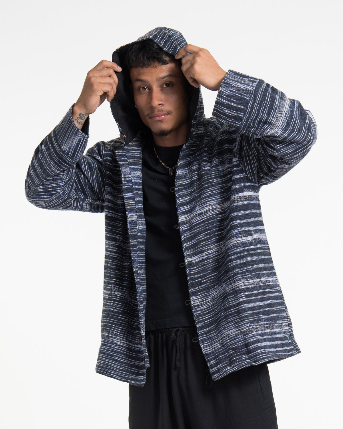Light Hooded Button Hand-Woven Cotton Jacket in Navy