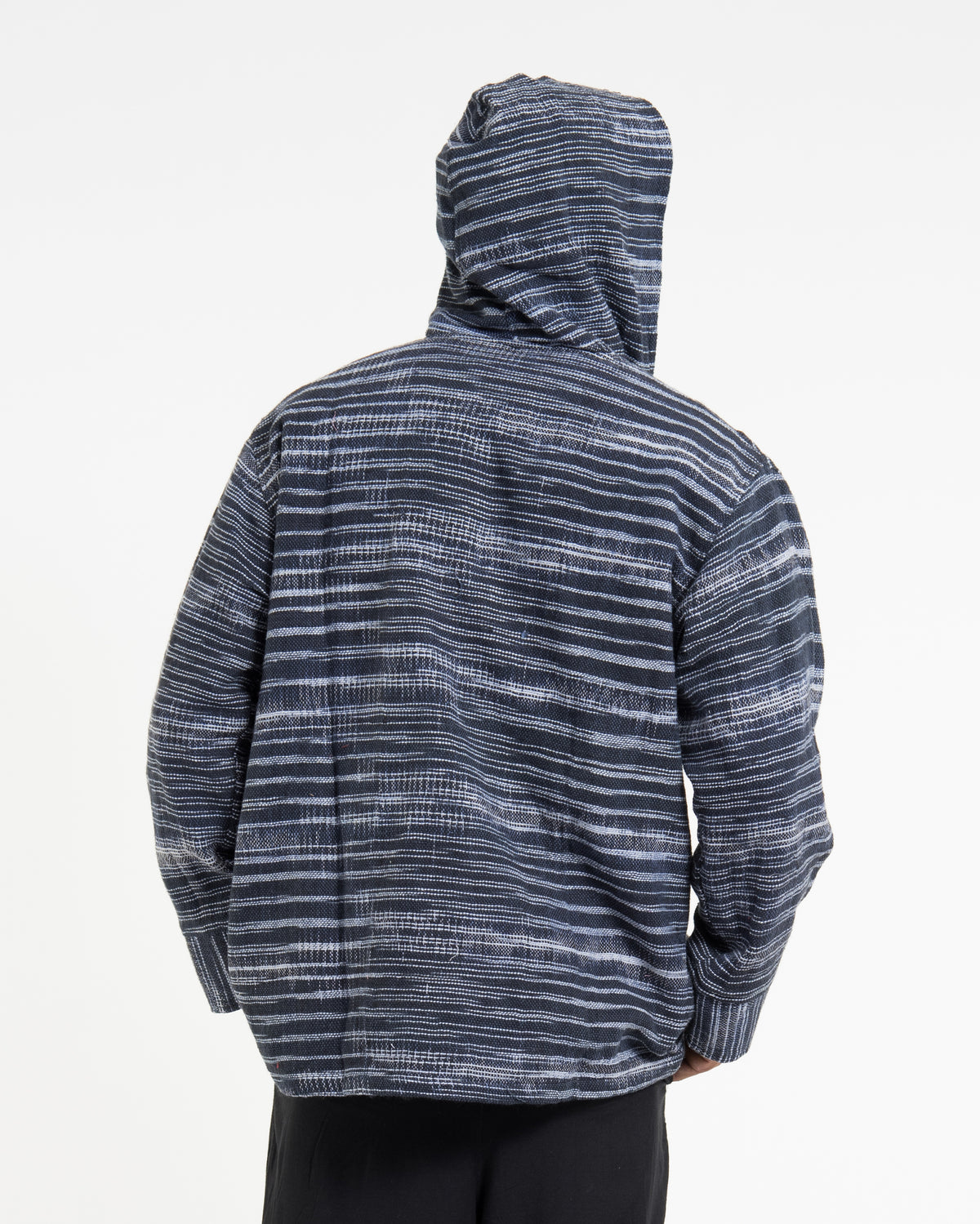 Light Hooded Button Hand-Woven Cotton Jacket in Navy