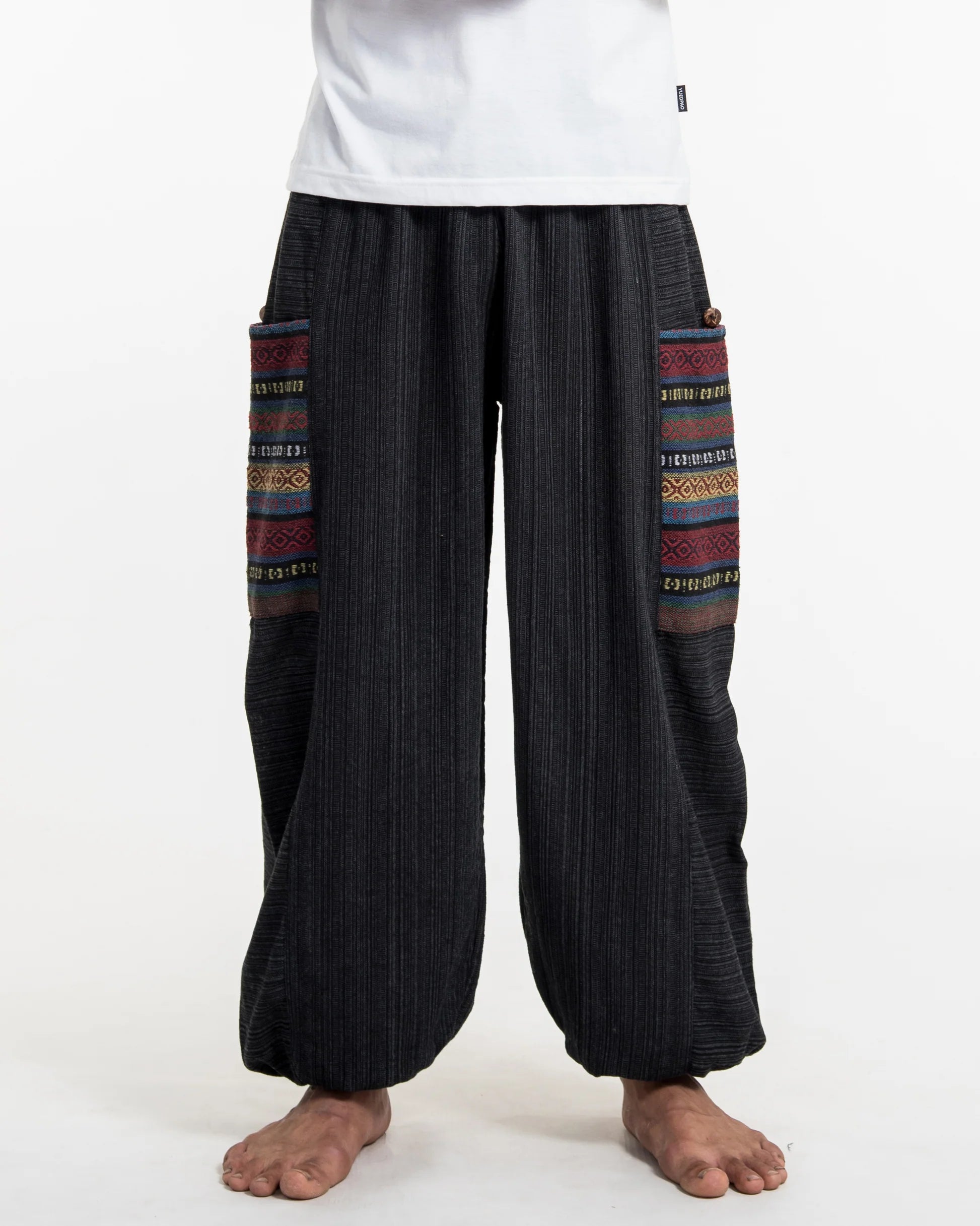 Unisex Drawstring Pinstripes Cotton Pants with Aztec Pocket in Black