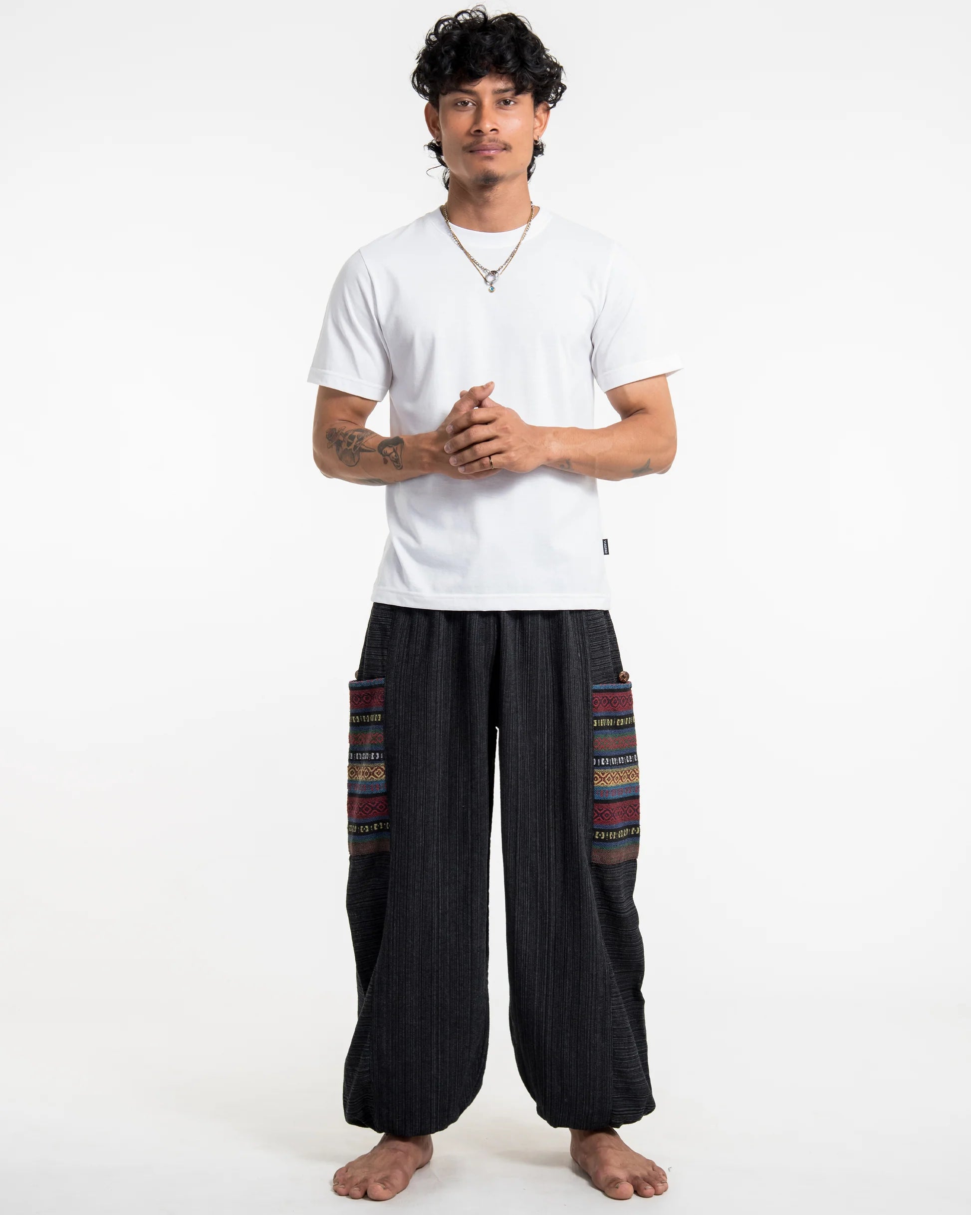 Unisex Drawstring Pinstripes Cotton Pants with Aztec Pocket in Black