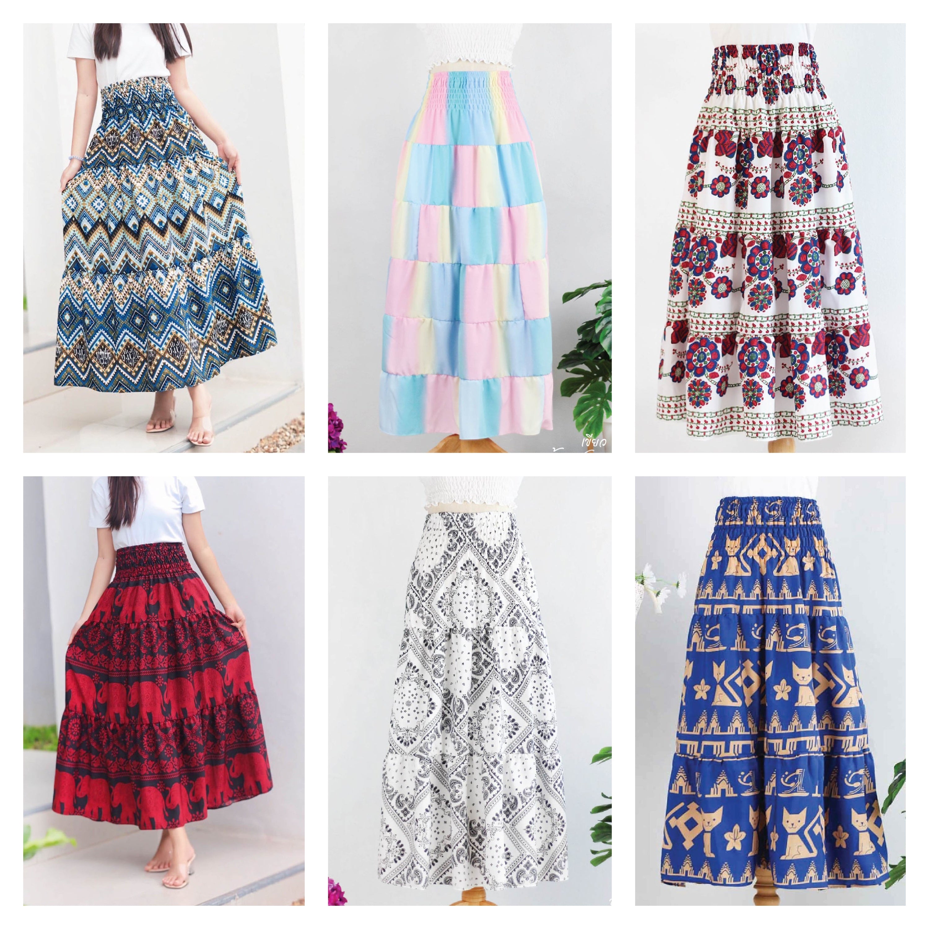 Assorted set of 5 Rayon Print Smocked-Waist Skirt