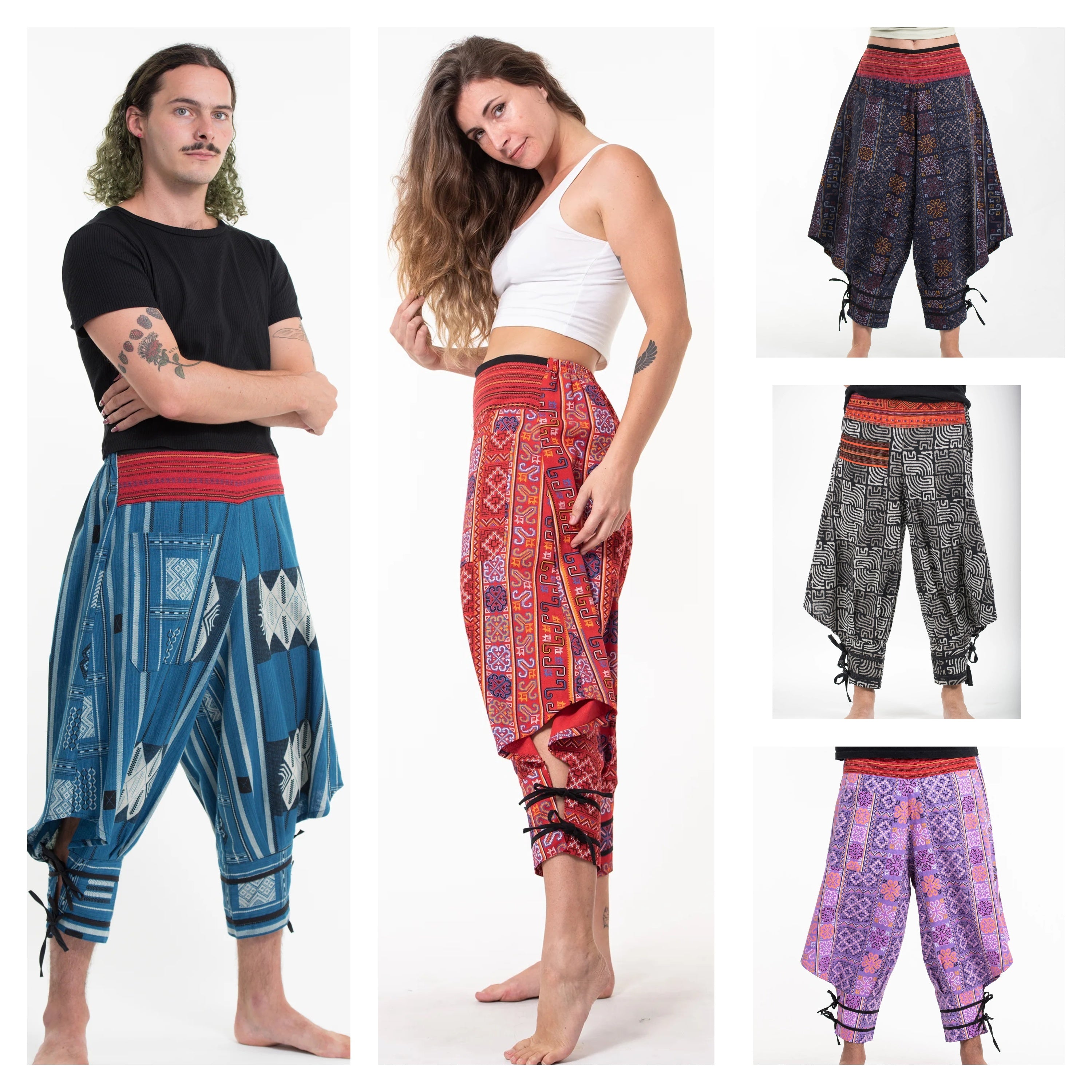 Assorted Set of 5 Unisex Thai Hill Tribe Fabric Harem Pants with Ankle Straps