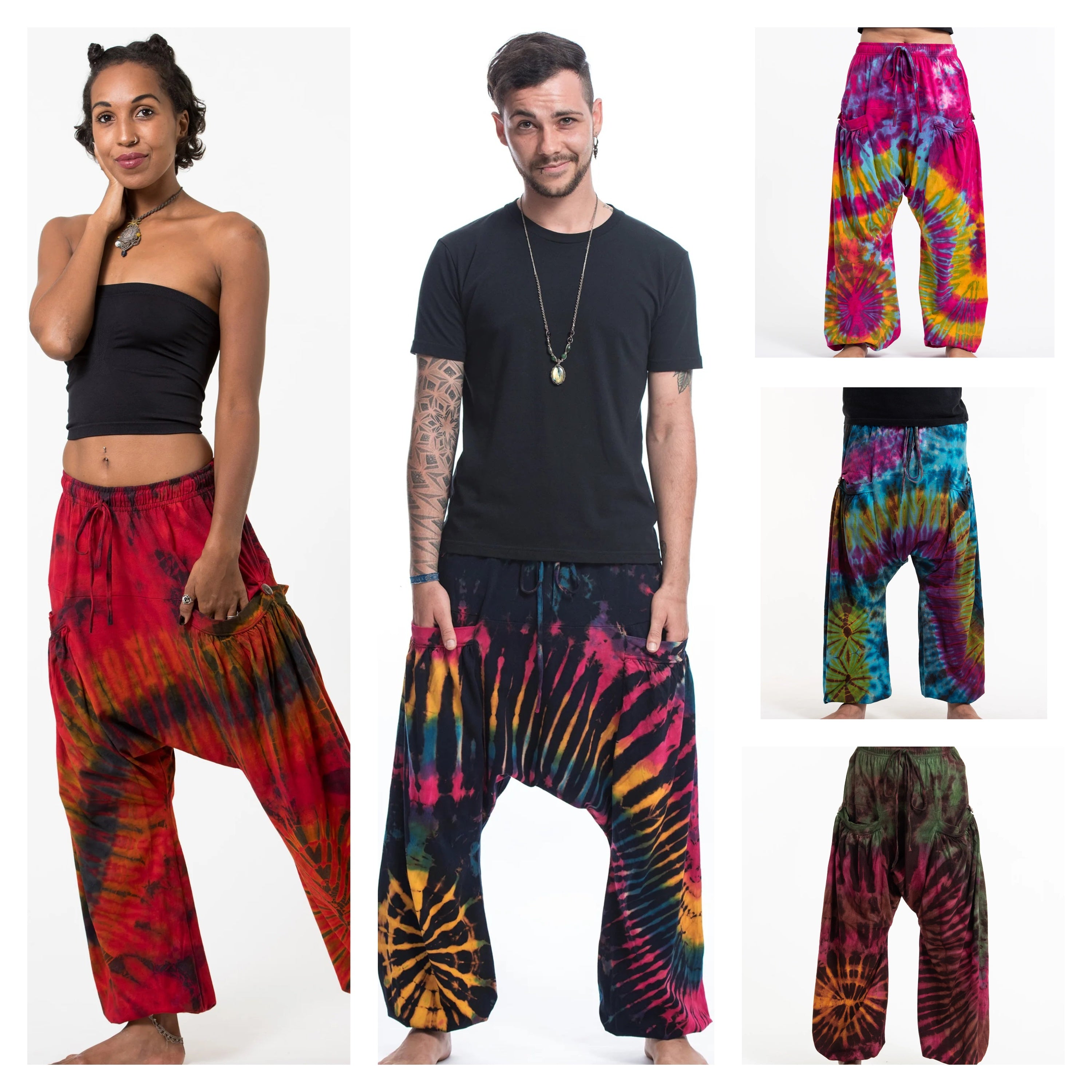 Assorted Set of 5 Unisex Tie Dye Thai Cotton Low Cut Harem Pants