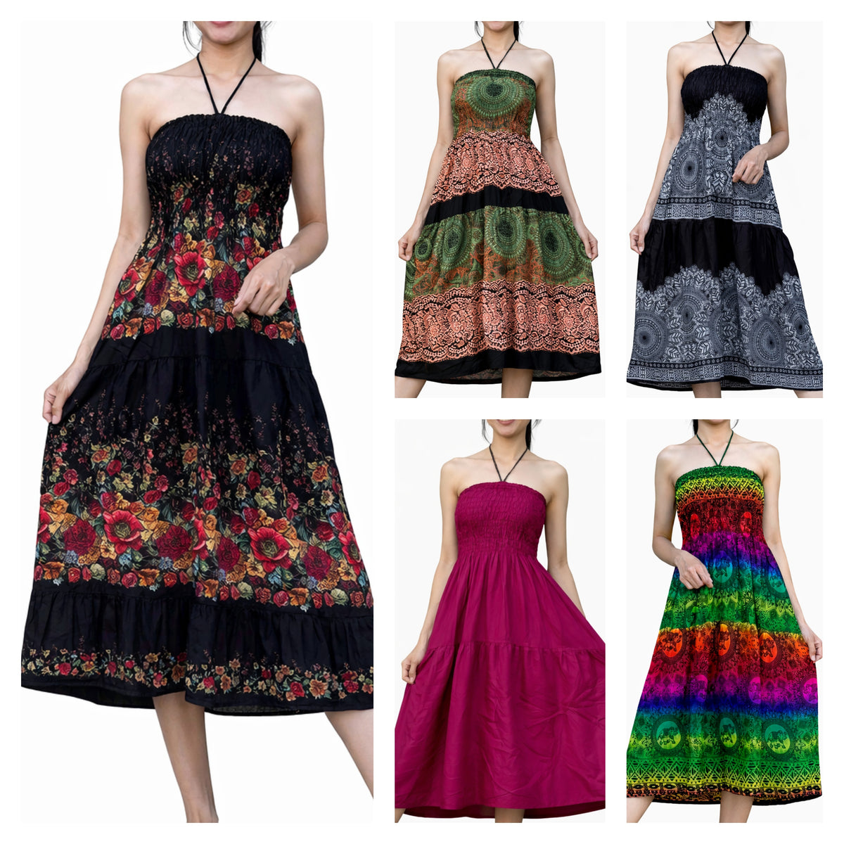 Assorted Set of 5 Rayon Print Smocked Midi Dress