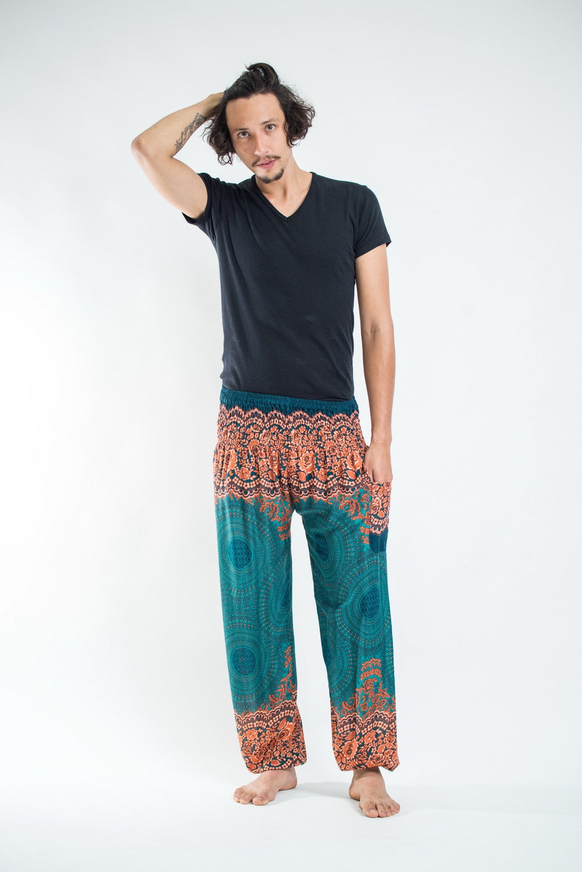 Geometric Mandalas Unisex Harem Pants in Turquoise