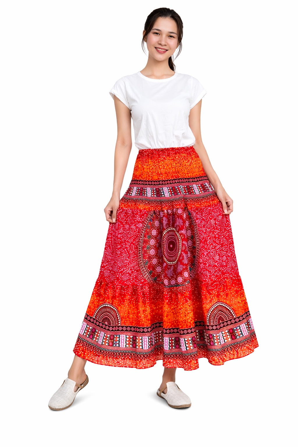 Tribal Chakras Print Rayon Smocked Midi Skirt in Orange