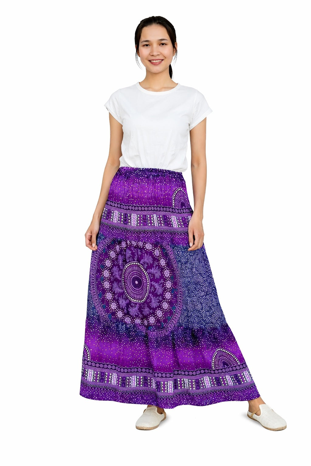 Tribal Chakras Print Rayon Smocked Midi Skirt in Purple