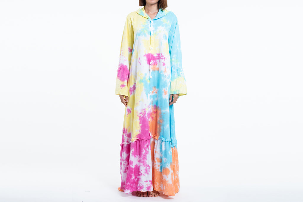 long sleeve cotton tie dye dresses Tie Dye Cotton Maxi Dress with Pockets, V Neck Long Sleeve Boho LD91A