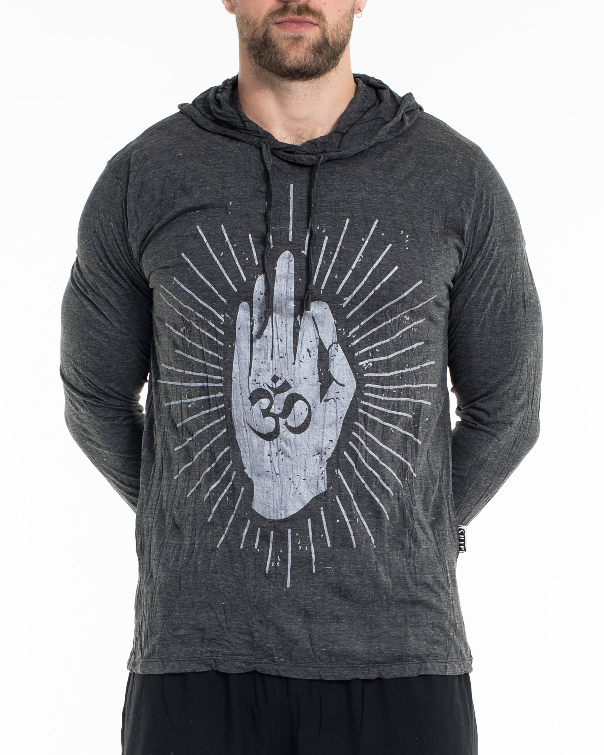 Sure Design Unisex Hand of Om Hoodie Silver on Black
