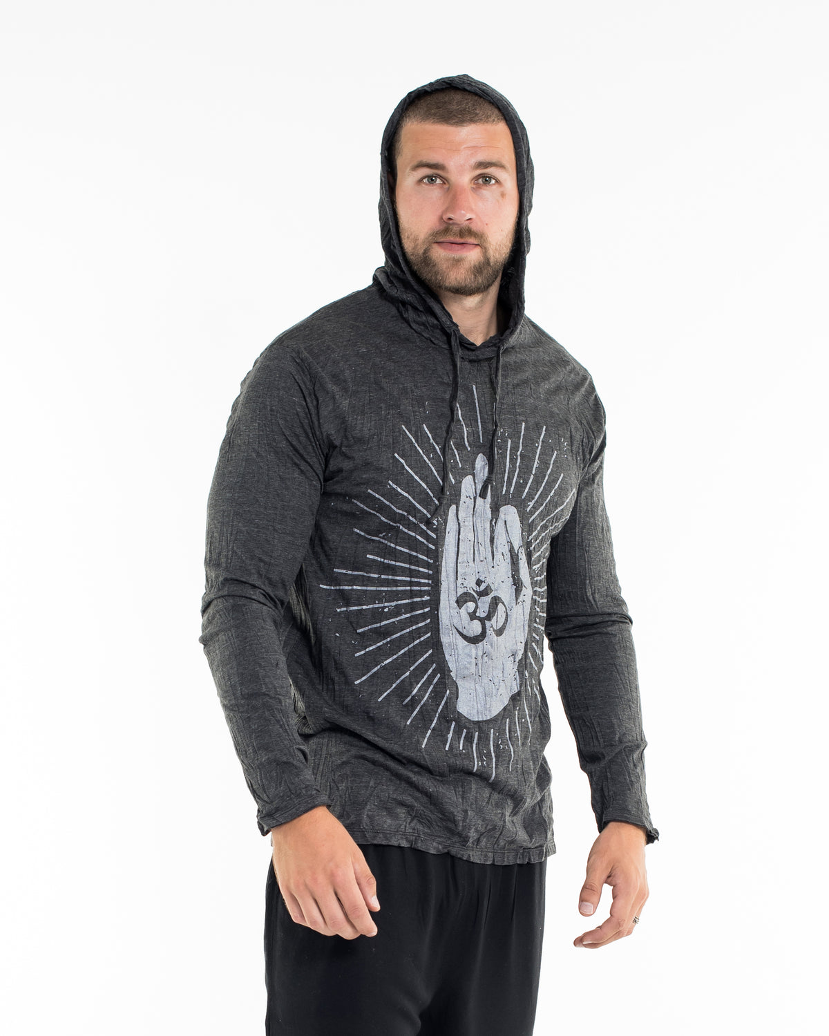 Sure Design Unisex Hand of Om Hoodie Silver on Black