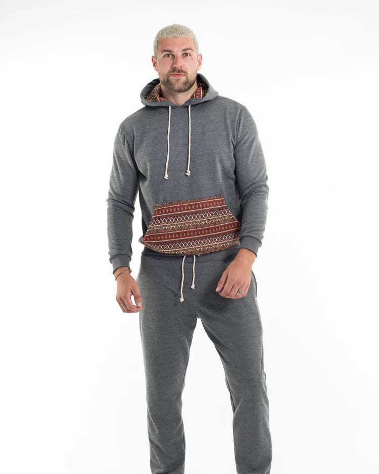 Unisex Terry Pullover Hoodie with Tribal Pockets in Black (Size M - XL)