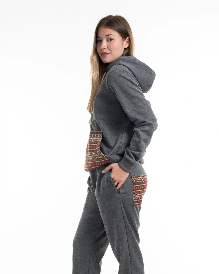 Unisex Terry Pullover Hoodie with Tribal Pockets in Black (Size M - XL)