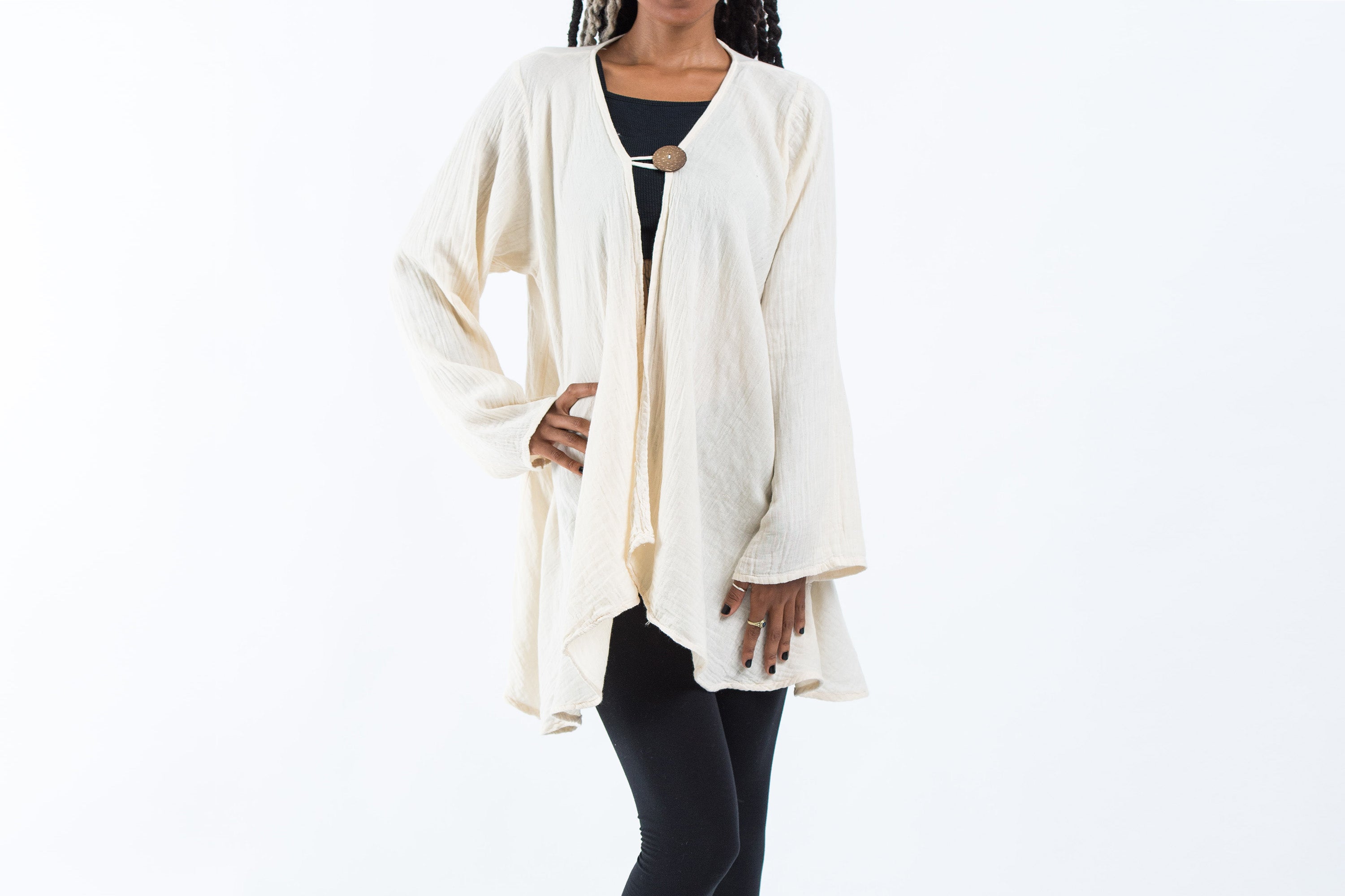 Women's Crinkled Hill Tribe Cotton Cardigan in Off White