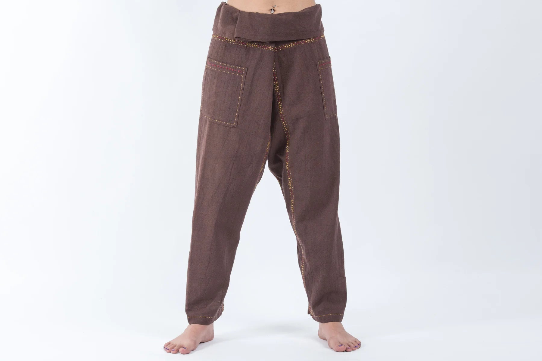 Hand Embroidered Unisex Slim Cut Fisherman Pants in Brown