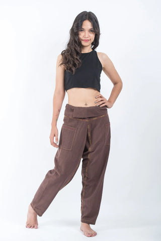 Hand Embroidered Unisex Slim Cut Fisherman Pants in Brown