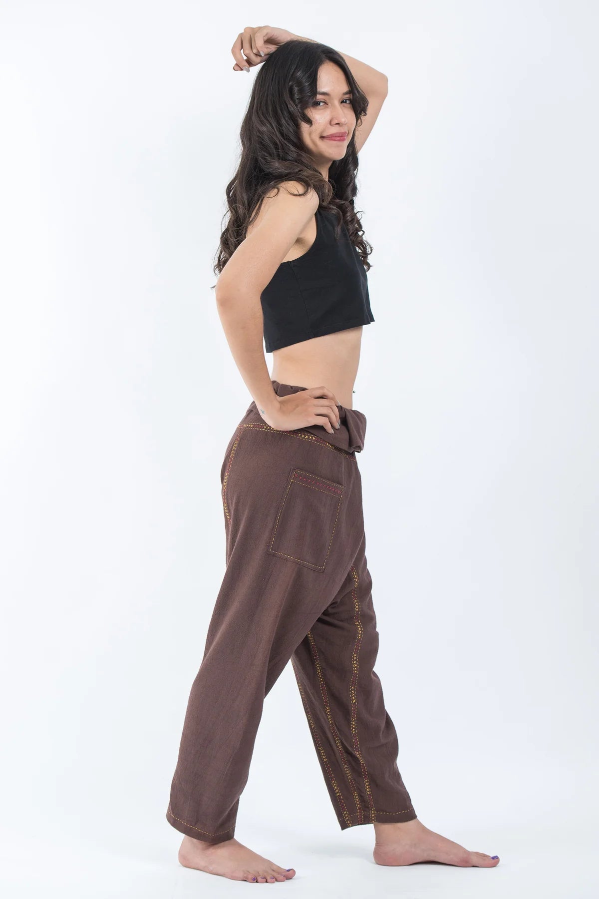 Hand Embroidered Unisex Slim Cut Fisherman Pants in Brown