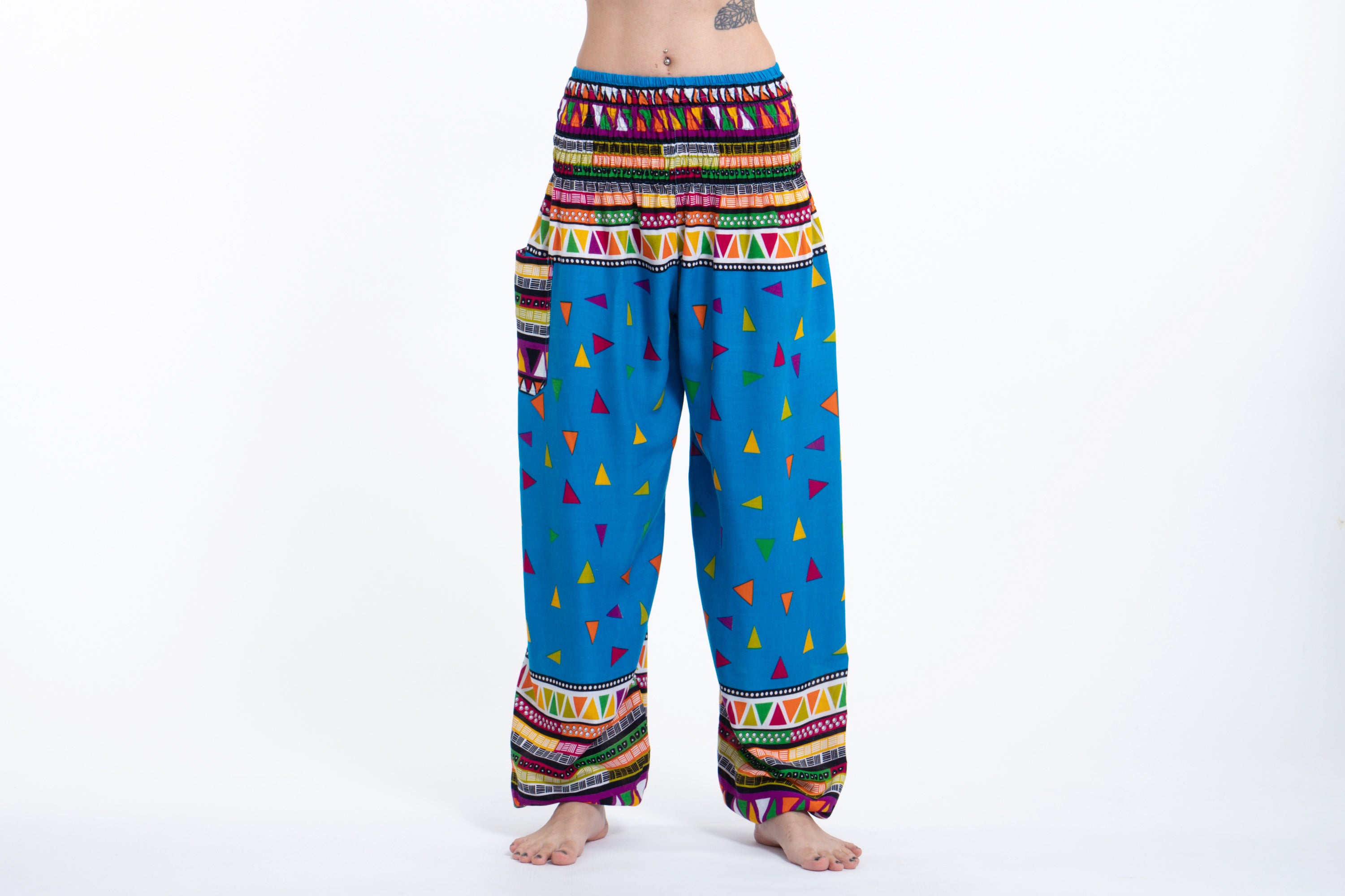 Triangles Unisex Harem Pants in Ocean Blue