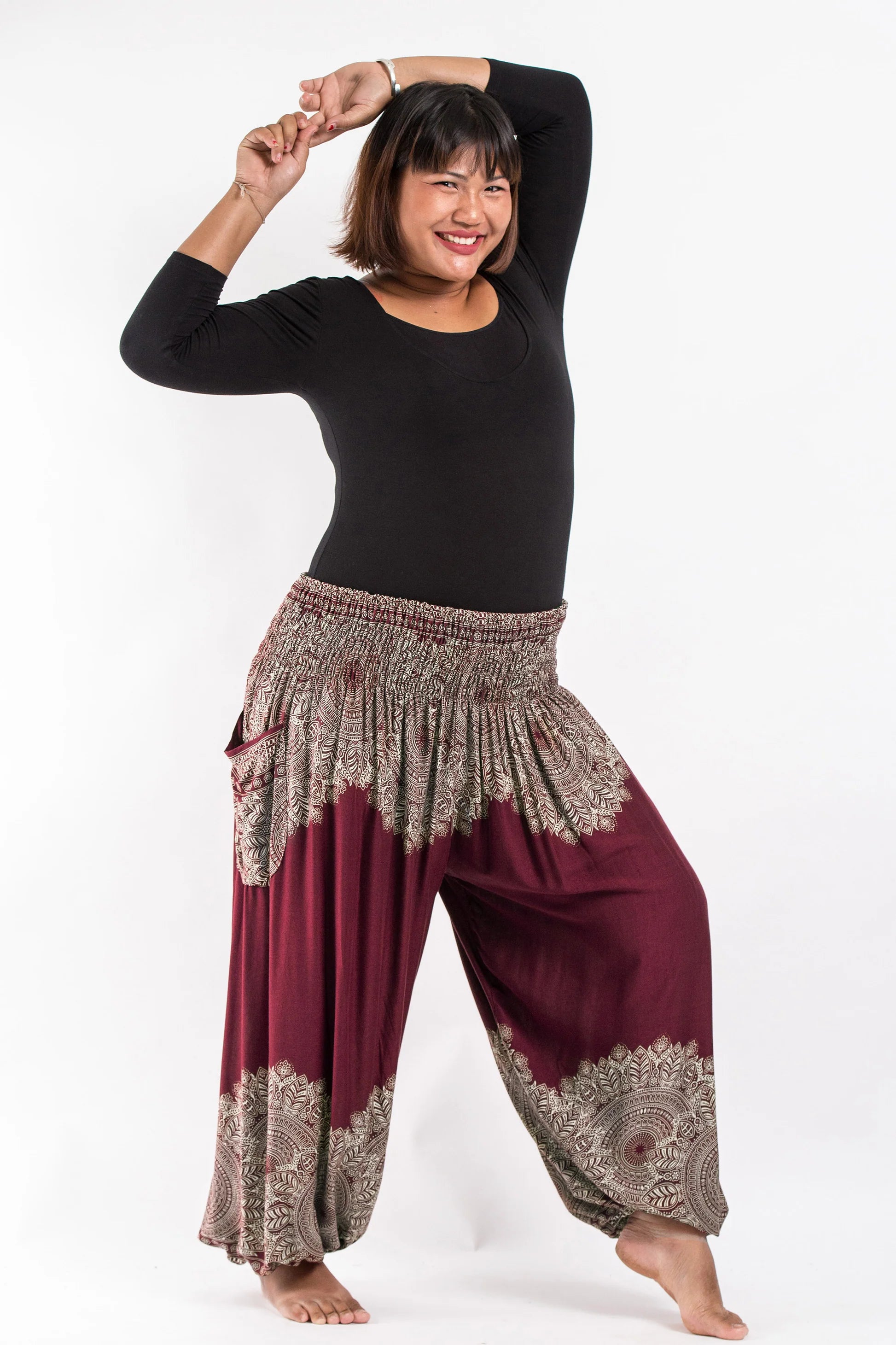 Plus Size Floral Mandalas Unisex Harem Pants in Maroon