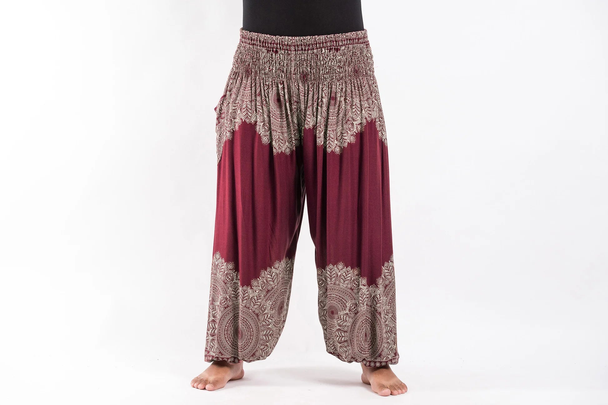 Plus Size Floral Mandalas Unisex Harem Pants in Maroon