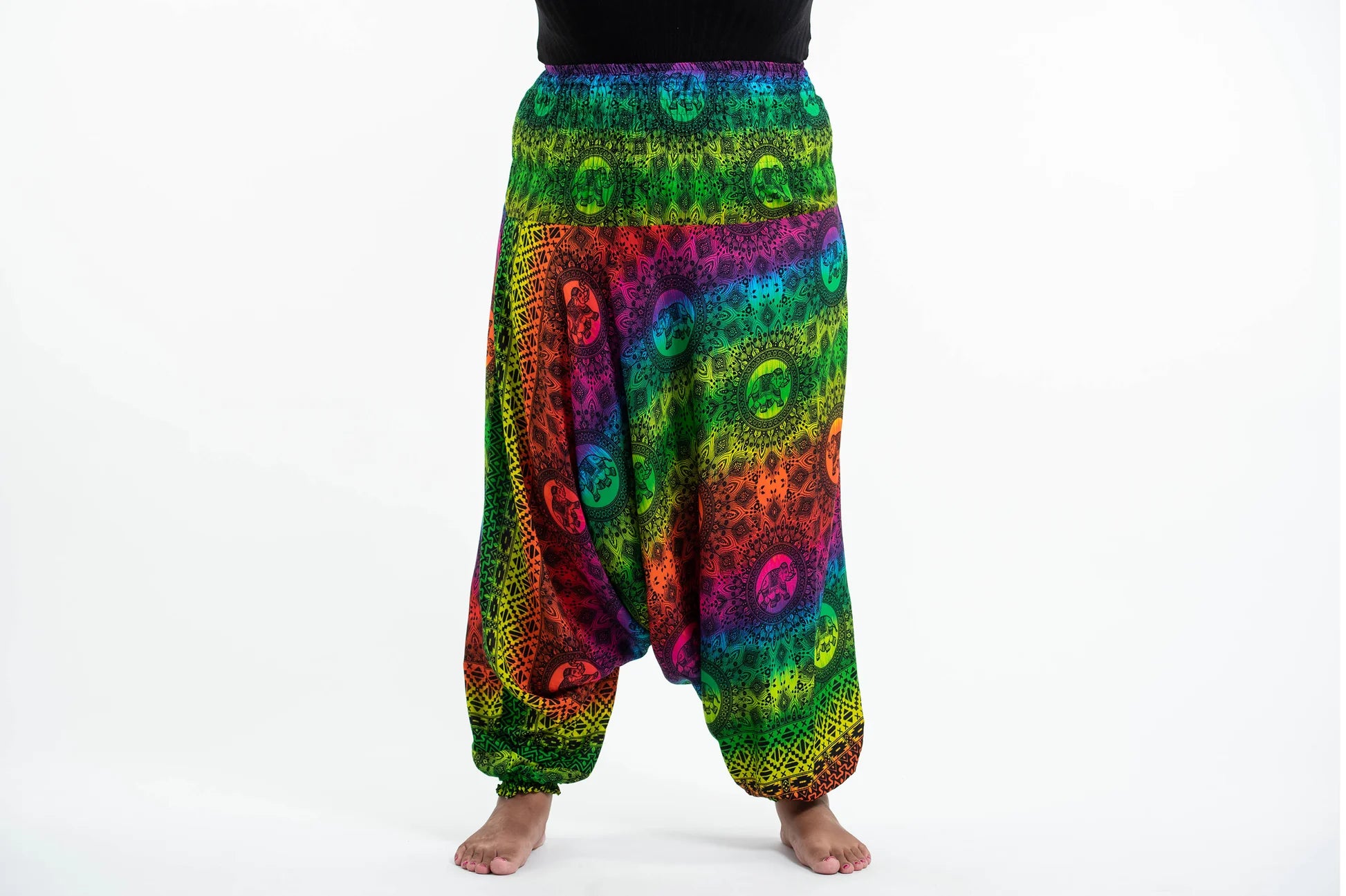 Plus Size Rainbow Elephant Drop Crotch Elephant Pants in Green
