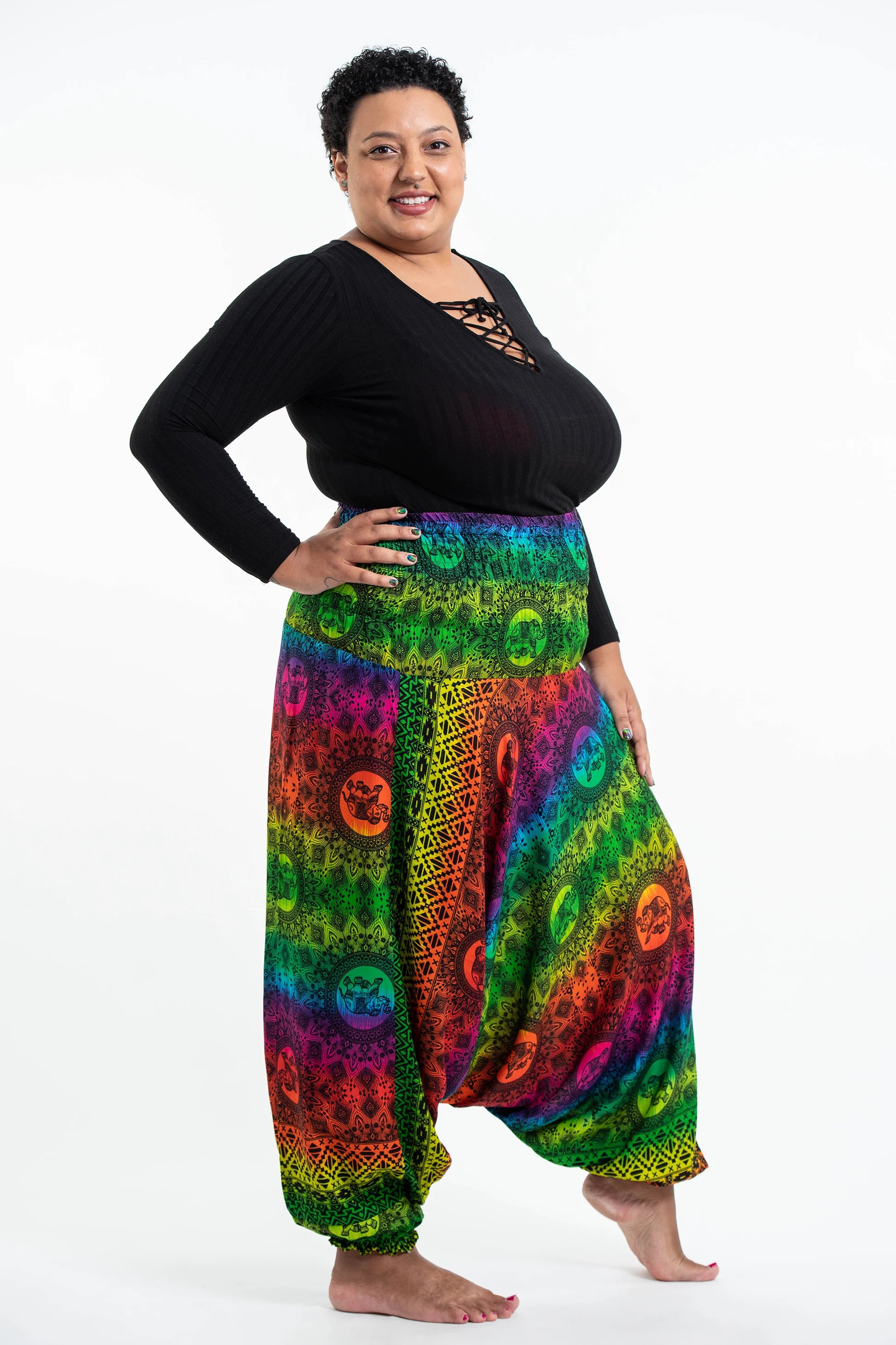 Plus Size Rainbow Elephant Drop Crotch Elephant Pants in Green