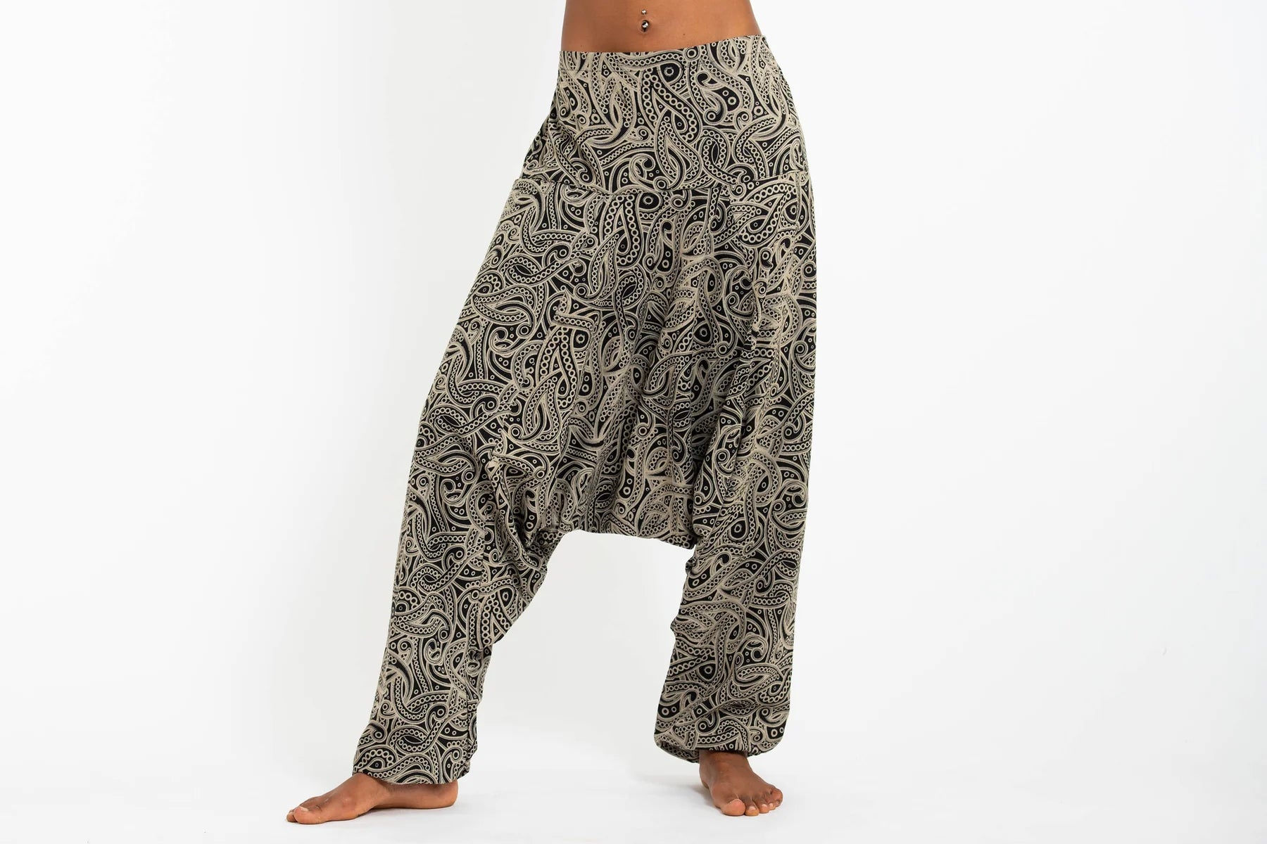 Unisex Hill Tribe Paisley Print Harem Pants in Black
