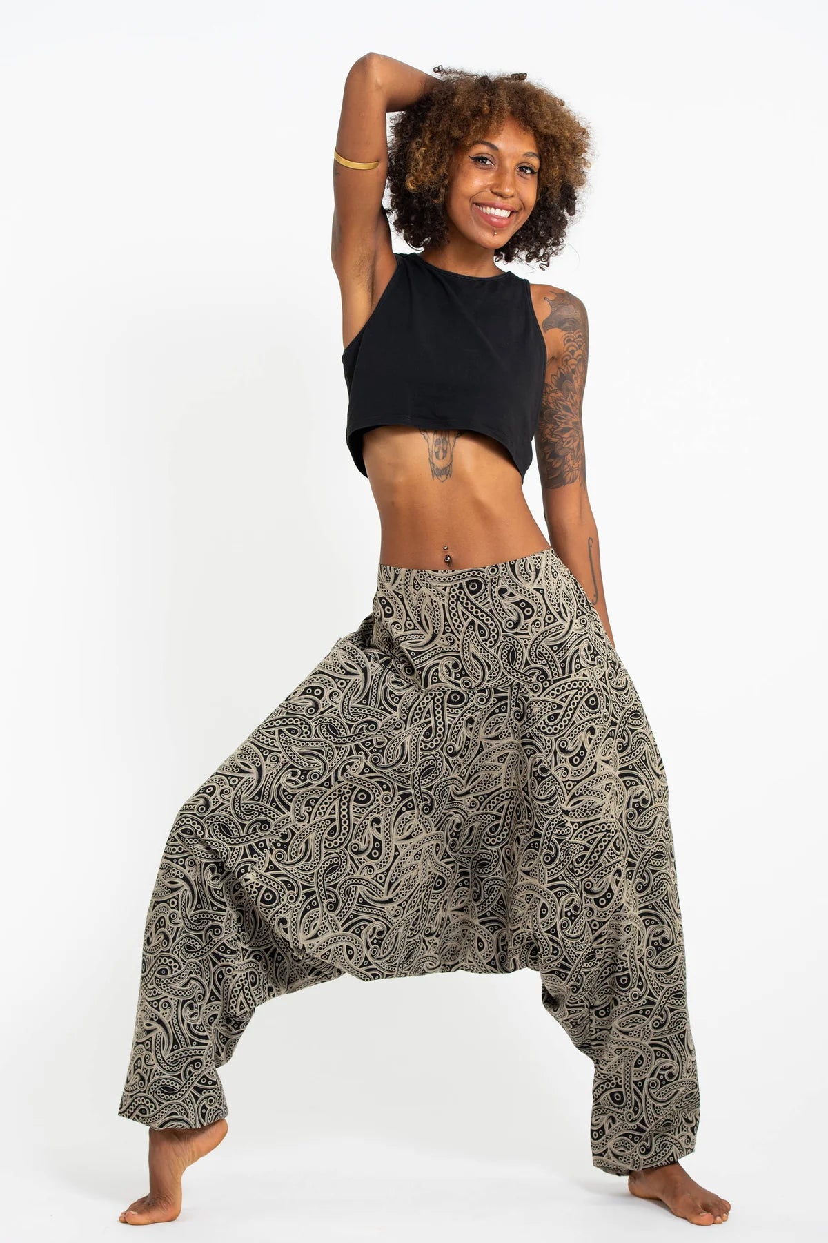 Unisex Hill Tribe Paisley Print Harem Pants in Black